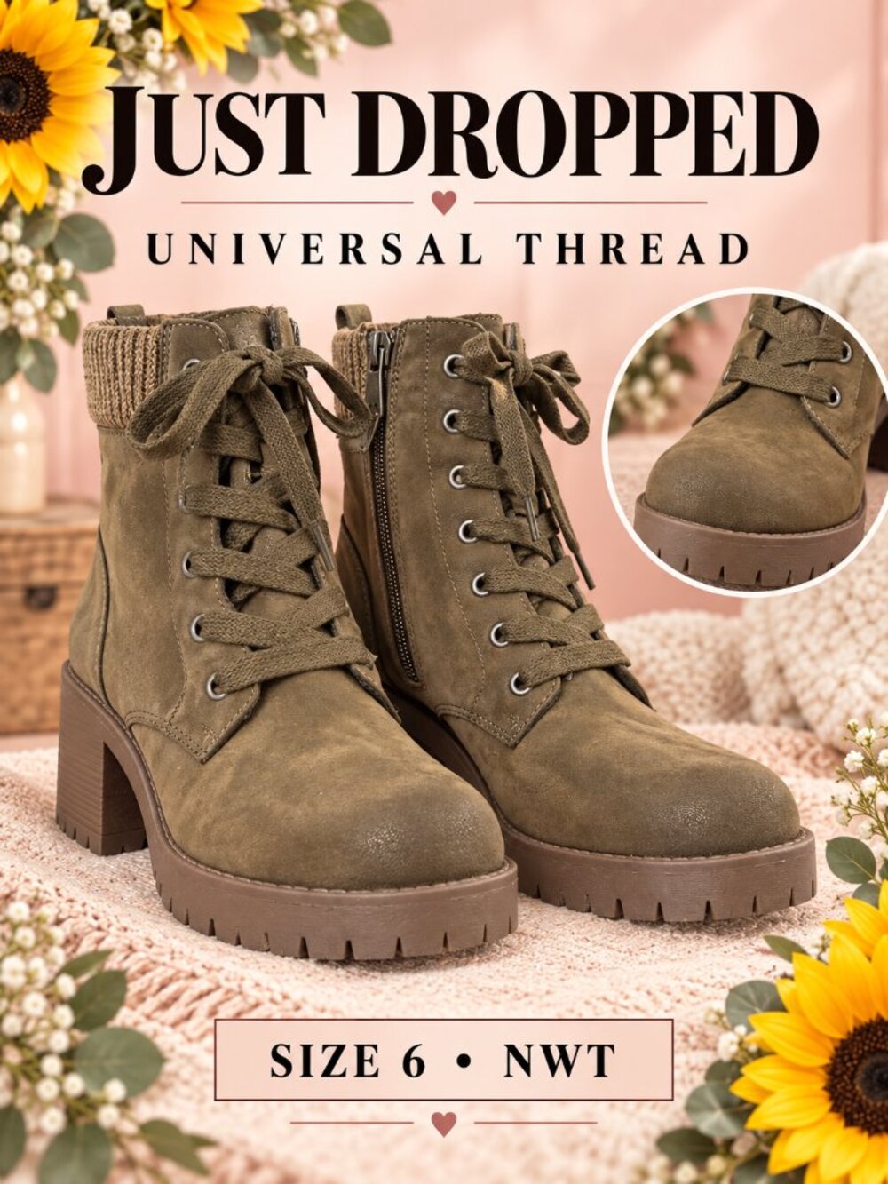 Universal Thread Green Lace-Up Knit Cuff Ankle Boots Size 6 NWT